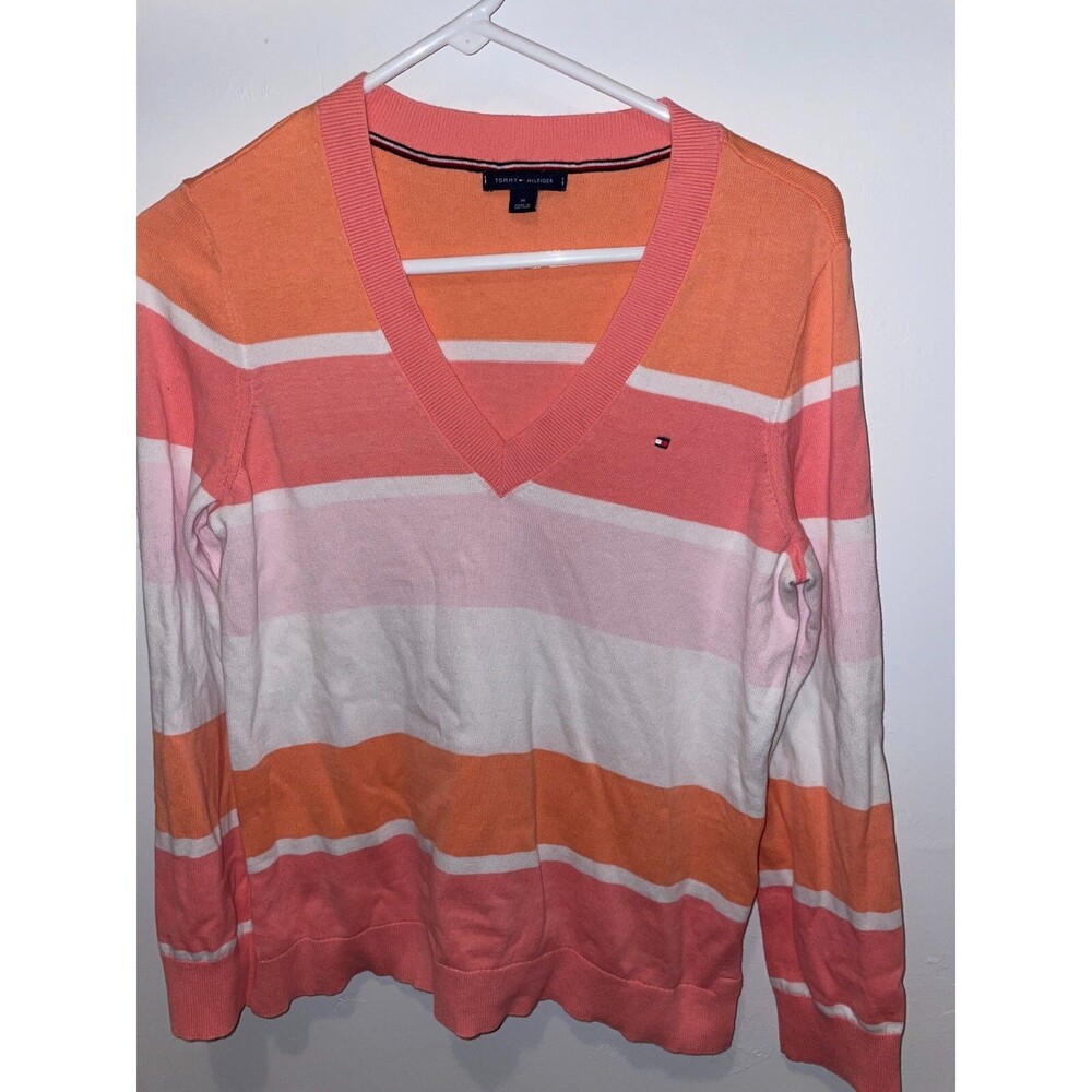 Tommy Hilfiger Women's V Neck Sweater Pink Size M Striped Cotton